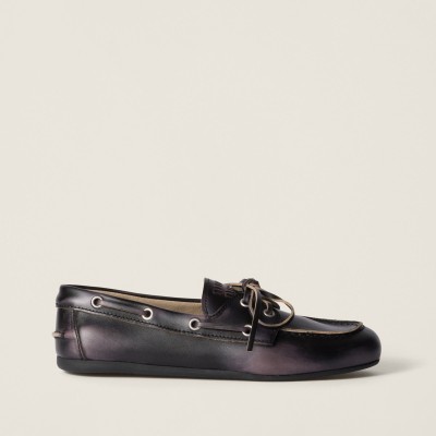 Miu Miu Bleached Leather Deck Shoes Black Miu Miu Bleached Leather Deck Shoes Black