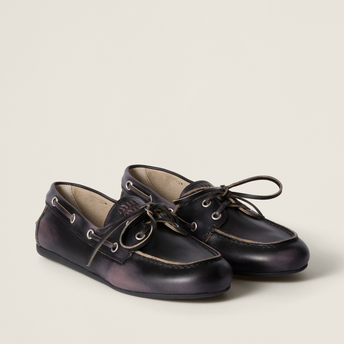 Miu Miu Bleached Leather Deck Shoes Black Miu Miu Bleached Leather Deck Shoes Black