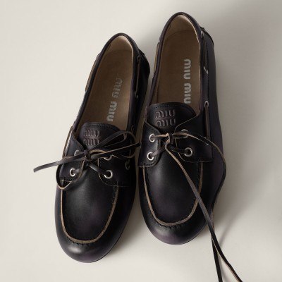 Miu Miu Bleached Leather Deck Shoes Black Miu Miu Bleached Leather Deck Shoes Black