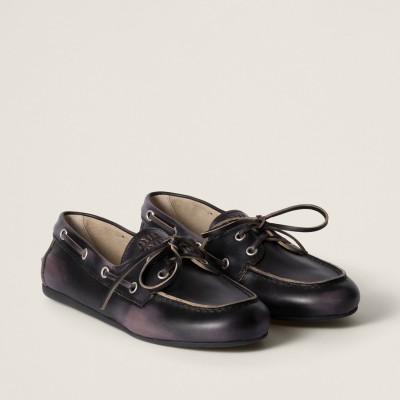 Miu Miu Bleached Leather Deck Shoes Black Miu Miu Bleached Leather Deck Shoes Black