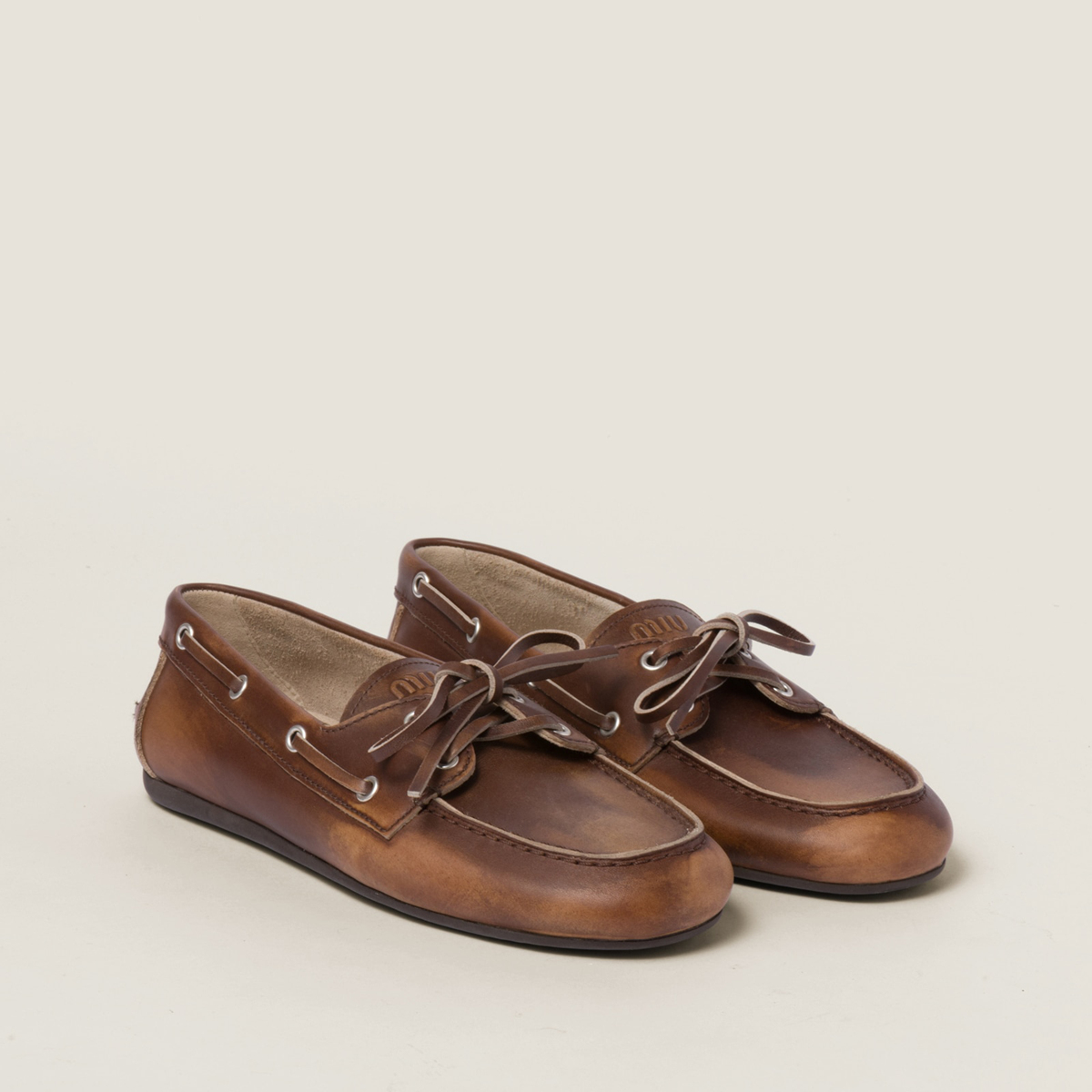 Miu Miu Bleached Leather Deck Shoes Sienna Miu Miu Bleached Leather Deck Shoes Sienna