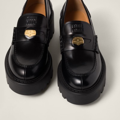 Miu Miu Brushed Leather Loafers Black Miu Miu Brushed Leather Loafers Black