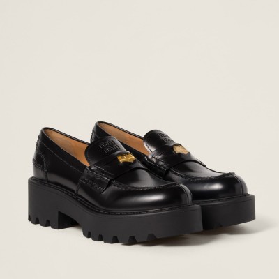 Miu Miu Brushed Leather Loafers Black Miu Miu Brushed Leather Loafers Black