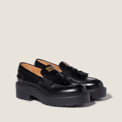 Miu Miu Brushed Leather Loafers Black Miu Miu Brushed Leather Loafers Black
