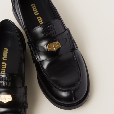 Miu Miu Brushed Leather Penny Loafers Black