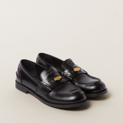 Miu Miu Brushed Leather Penny Loafers Black Miu Miu Brushed Leather Penny Loafers Black