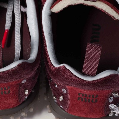 Miu Miu Bubble Embroidered Technical Fabric And Suede Sneakers Burgundy Miu Miu Bubble Embroidered Technical Fabric And Suede Sneakers Burgundy