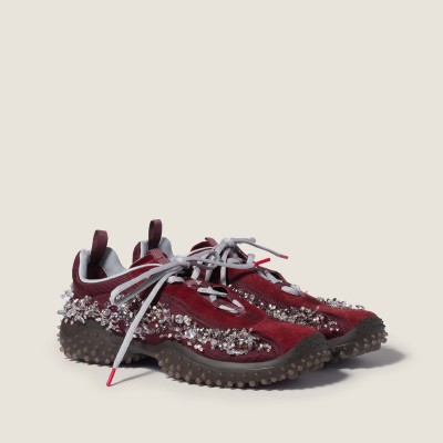 Miu Miu Bubble Embroidered Technical Fabric And Suede Sneakers Burgundy Miu Miu Bubble Embroidered Technical Fabric And Suede Sneakers Burgundy