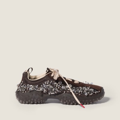 Miu Miu Bubble Embroidered Technical Fabric And Suede Sneakers Dark Brown Miu Miu Bubble Embroidered Technical Fabric And Suede Sneakers Dark Brown