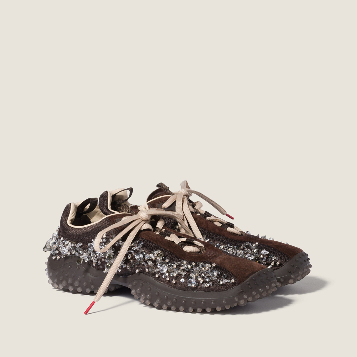 Miu Miu Bubble Embroidered Technical Fabric And Suede Sneakers Dark Brown Miu Miu Bubble Embroidered Technical Fabric And Suede Sneakers Dark Brown