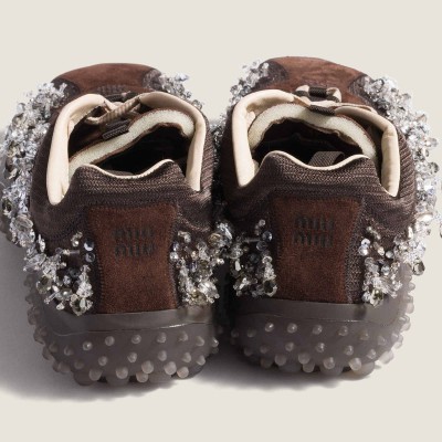 Miu Miu Bubble Embroidered Technical Fabric And Suede Sneakers Dark Brown Miu Miu Bubble Embroidered Technical Fabric And Suede Sneakers Dark Brown