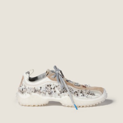 Miu Miu Bubble Embroidered Technical Fabric And Suede Sneakers Ivory Miu Miu Bubble Embroidered Technical Fabric And Suede Sneakers Ivory