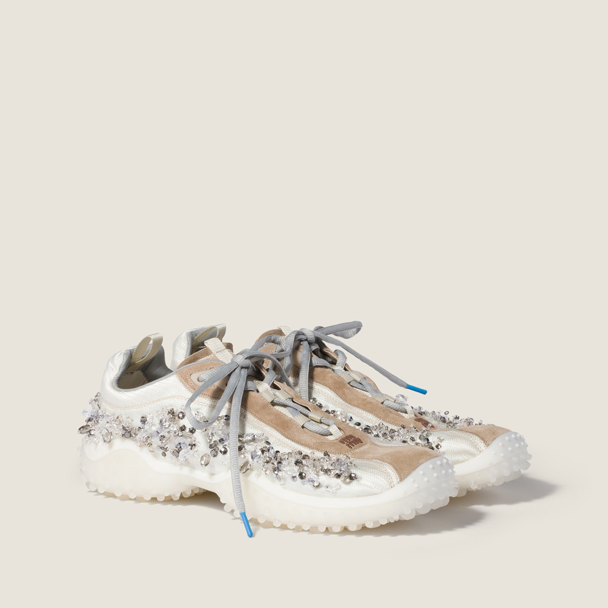 Miu Miu Bubble Embroidered Technical Fabric And Suede Sneakers Ivory Miu Miu Bubble Embroidered Technical Fabric And Suede Sneakers Ivory