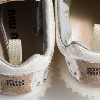 Miu Miu Bubble Embroidered Technical Fabric And Suede Sneakers Ivory Miu Miu Bubble Embroidered Technical Fabric And Suede Sneakers Ivory