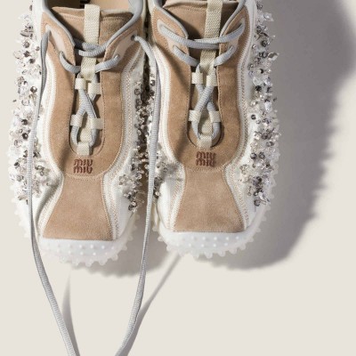 Miu Miu Bubble Embroidered Technical Fabric And Suede Sneakers Ivory Miu Miu Bubble Embroidered Technical Fabric And Suede Sneakers Ivory