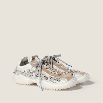 Miu Miu Bubble Embroidered Technical Fabric And Suede Sneakers Ivory Miu Miu Bubble Embroidered Technical Fabric And Suede Sneakers Ivory