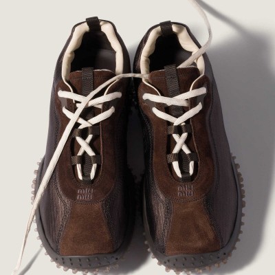 Miu Miu Bubble Technical Fabric And Suede Sneakers Dark Brown Miu Miu Bubble Technical Fabric And Suede Sneakers Dark Brown