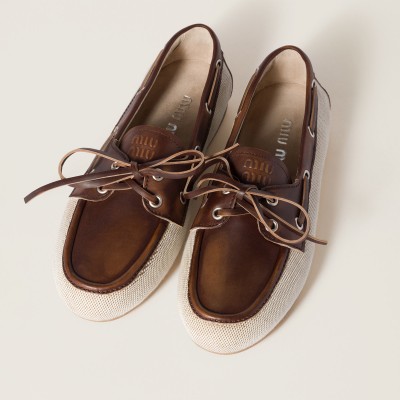 Miu Miu Canvas And Bleached Leather Deck Shoes Beige Brown Miu Miu Canvas And Bleached Leather Deck Shoes Beige Brown
