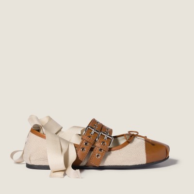 Miu Miu Canvas And Leather Ballerinas Beige Tobacco Miu Miu Canvas And Leather Ballerinas Beige Tobacco