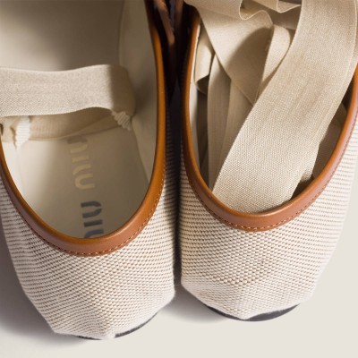 Miu Miu Canvas And Leather Ballerinas Beige Tobacco Miu Miu Canvas And Leather Ballerinas Beige Tobacco
