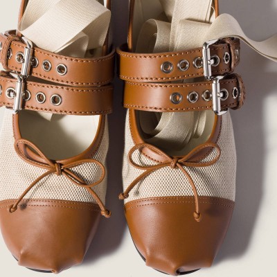 Miu Miu Canvas And Leather Ballerinas Beige Tobacco Miu Miu Canvas And Leather Ballerinas Beige Tobacco