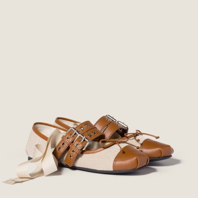 Miu Miu Canvas And Leather Ballerinas Beige Tobacco Miu Miu Canvas And Leather Ballerinas Beige Tobacco