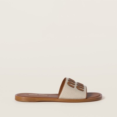 Miu Miu Canvas And Leather Slides Beige Brandy Miu Miu Canvas And Leather Slides Beige Brandy