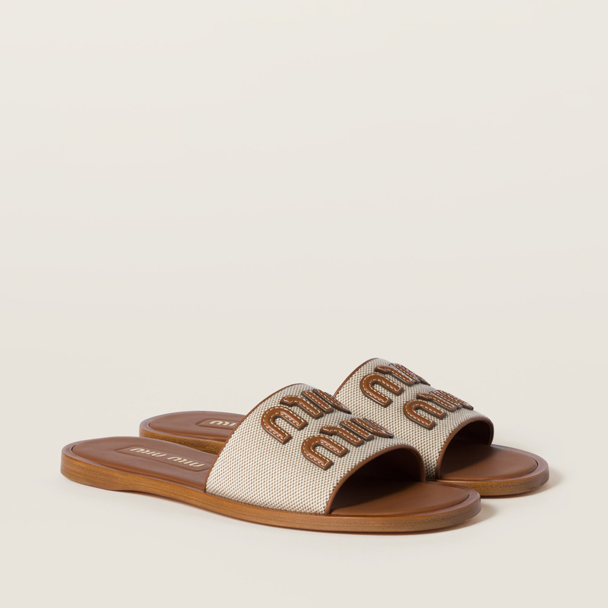 Miu Miu Canvas And Leather Slides Beige Brandy Miu Miu Canvas And Leather Slides Beige Brandy