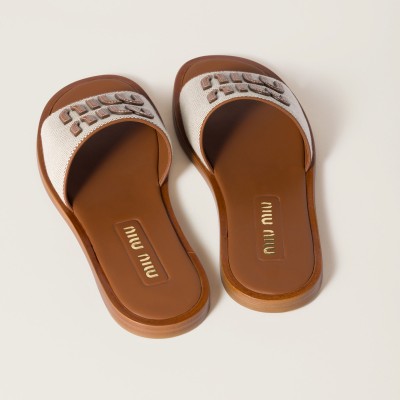 Miu Miu Canvas And Leather Slides Beige Brandy Miu Miu Canvas And Leather Slides Beige Brandy