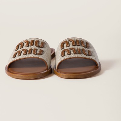 Miu Miu Canvas And Leather Slides Beige Brandy Miu Miu Canvas And Leather Slides Beige Brandy