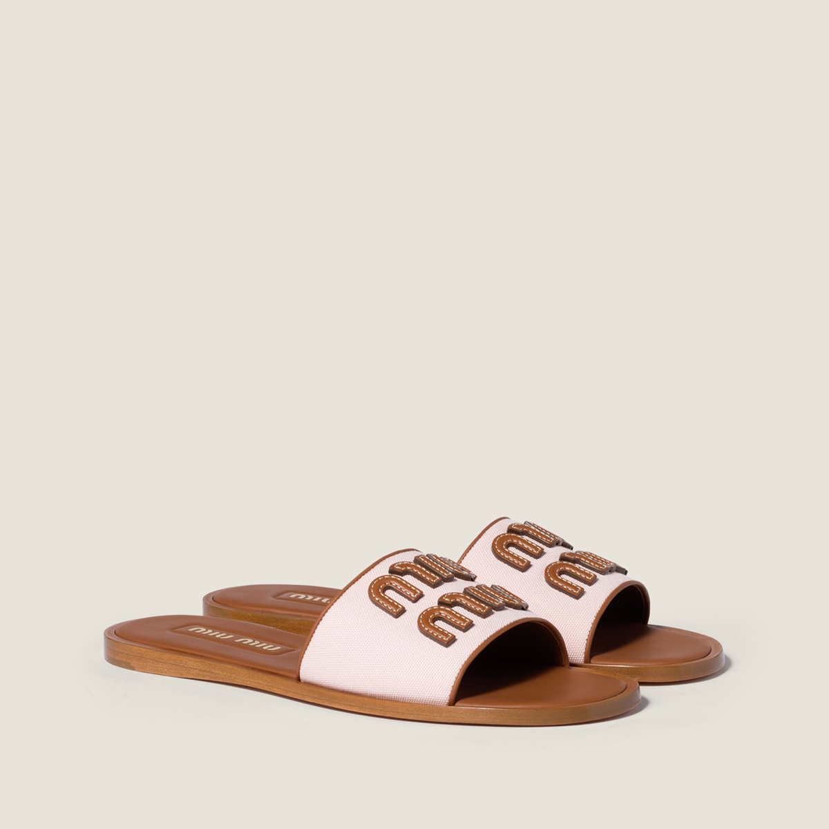 Miu Miu Canvas And Leather Slides Peach Brandy Miu Miu Canvas And Leather Slides Peach Brandy