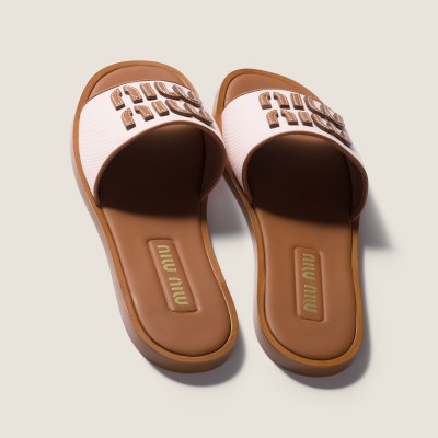 Miu Miu Canvas And Leather Slides Peach Brandy Miu Miu Canvas And Leather Slides Peach Brandy