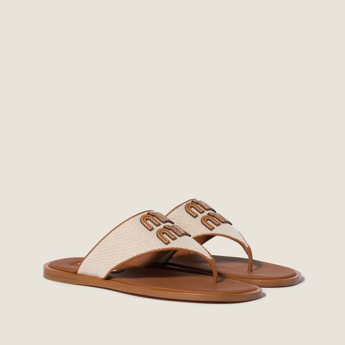 Miu Miu Canvas And Leather Thong Sandals Beige Brandy Miu Miu Canvas And Leather Thong Sandals Beige Brandy