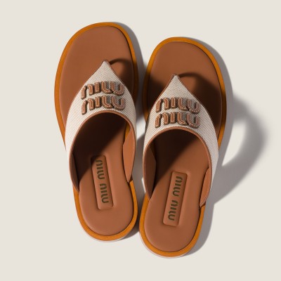Miu Miu Canvas And Leather Thong Sandals Beige Brandy Miu Miu Canvas And Leather Thong Sandals Beige Brandy