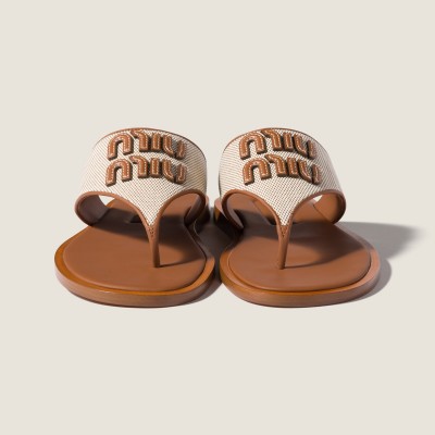 Miu Miu Canvas And Leather Thong Sandals Beige Brandy Miu Miu Canvas And Leather Thong Sandals Beige Brandy