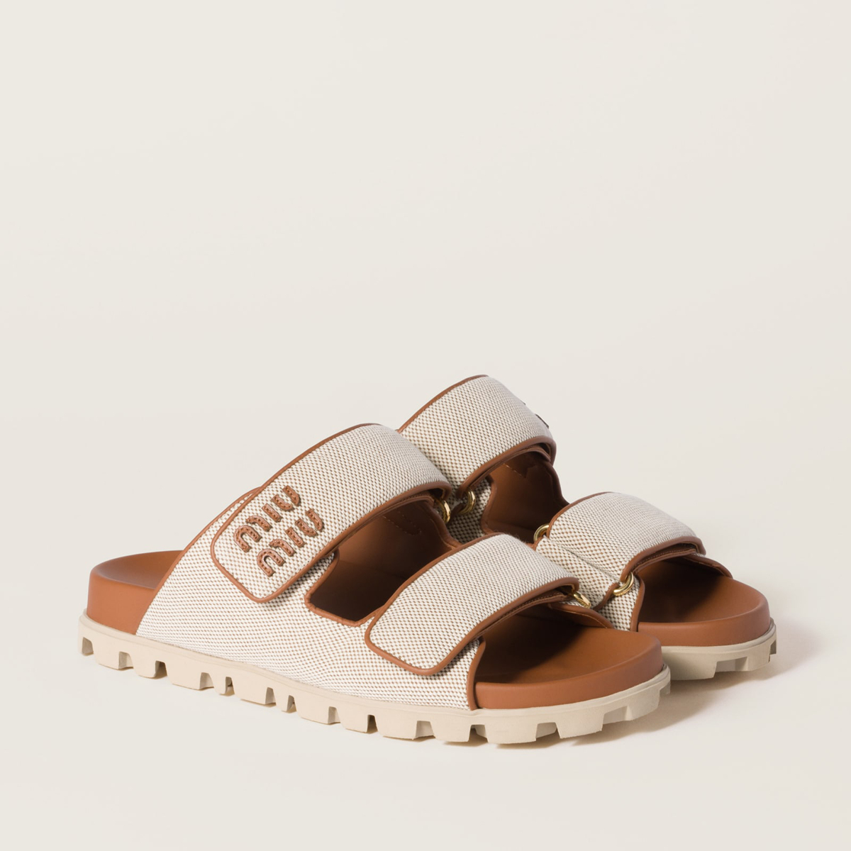 Miu Miu Canvas Slides Beige Brandy Miu Miu Canvas Slides Beige Brandy