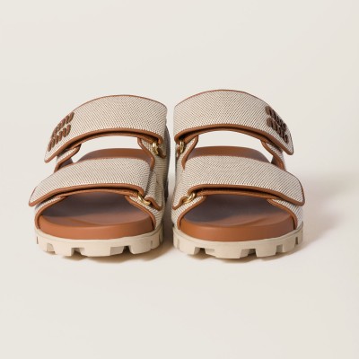 Miu Miu Canvas Slides Beige Brandy Miu Miu Canvas Slides Beige Brandy