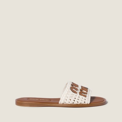 Miu Miu Crochet And Leather Slides Ivory Miu Miu Crochet And Leather Slides Ivory