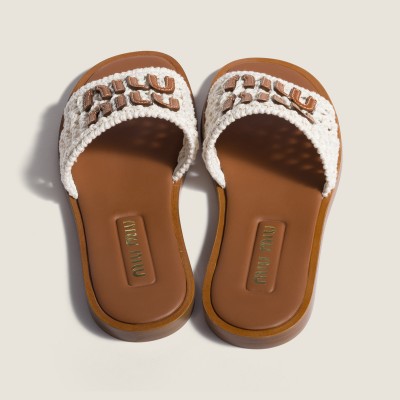Miu Miu Crochet And Leather Slides Ivory Miu Miu Crochet And Leather Slides Ivory