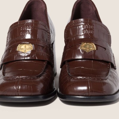 Miu Miu Crocodile Embossed Calfskin Loafers Cocoa Brown Miu Miu Crocodile Embossed Calfskin Loafers Cocoa Brown