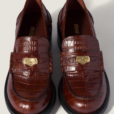 Miu Miu Crocodile Embossed Calfskin Loafers Oak Miu Miu Crocodile Embossed Calfskin Loafers Oak