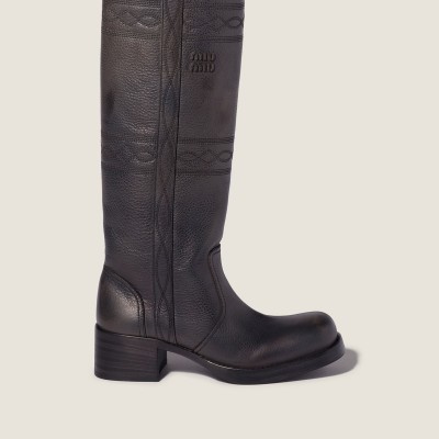 Miu Miu Embroidered Leather Boots Anthracite Gray Miu Miu Embroidered Leather Boots Anthracite Gray