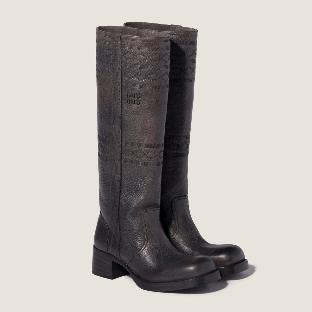 Miu Miu Embroidered Leather Boots Anthracite Gray Miu Miu Embroidered Leather Boots Anthracite Gray
