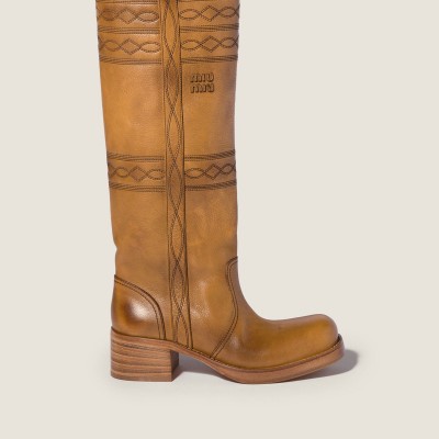 Miu Miu Embroidered Leather Boots Light Tan Miu Miu Embroidered Leather Boots Light Tan