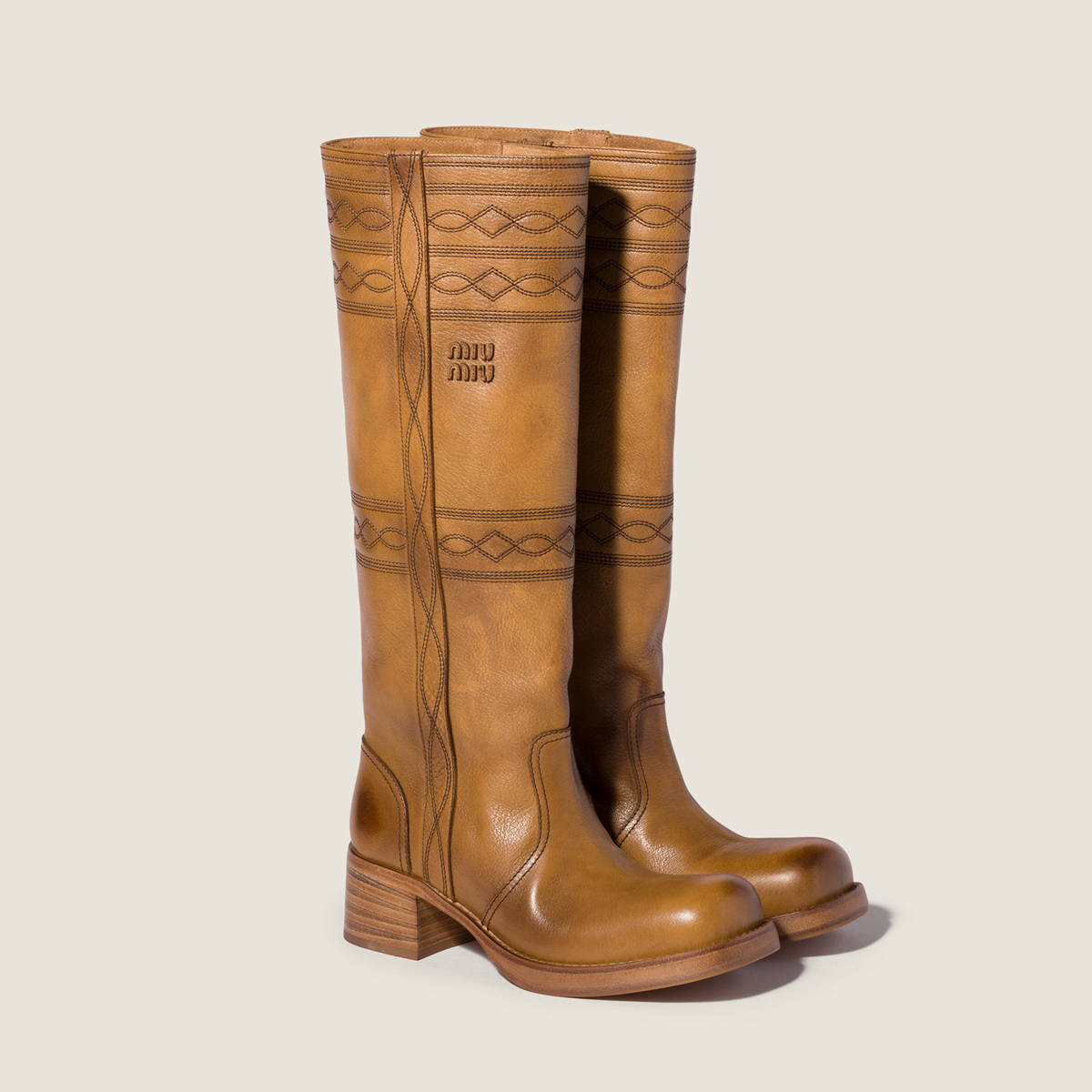 Miu Miu Embroidered Leather Boots Light Tan Miu Miu Embroidered Leather Boots Light Tan