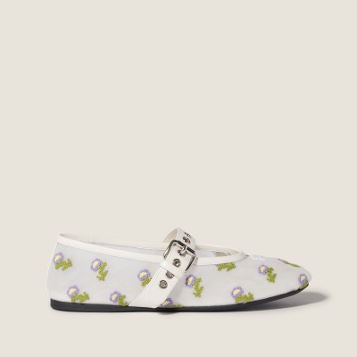 Miu Miu Embroidered Mesh Ballerinas White