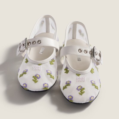 Miu Miu Embroidered Mesh Ballerinas White