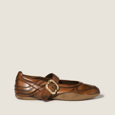 Miu Miu Gymnasium Leather Ballerinas With Strap And Buckle Cognac
