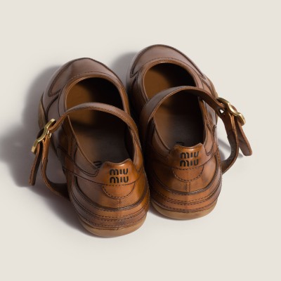 Miu Miu Gymnasium Leather Ballerinas With Strap And Buckle Cognac