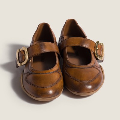 Miu Miu Gymnasium Leather Ballerinas With Strap And Buckle Cognac